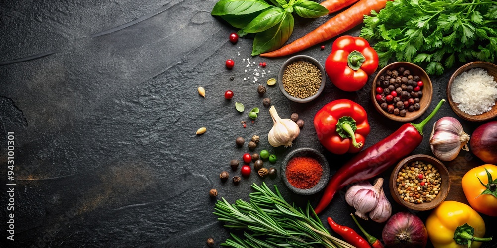 Fresh vegetables and spices on a rustic black background symbolizing healthy eating and culinary creativity Fresh vegetables and spices on a rustic black background symbolizing healthy eating and culinary creativity