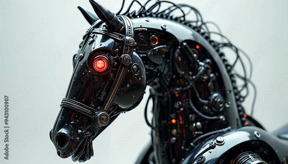 close up robot horse head , futuristic distopian visual close up robot horse head , futuristic distopian visual