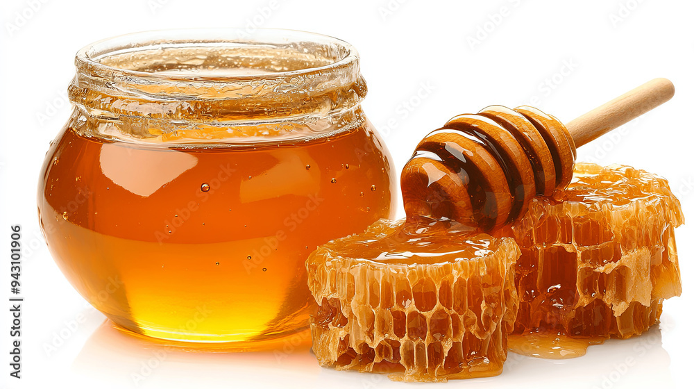 Honey jar with a wooden dipper and honeycomb on a bright background Honey jar with a wooden dipper and honeycomb on a bright background