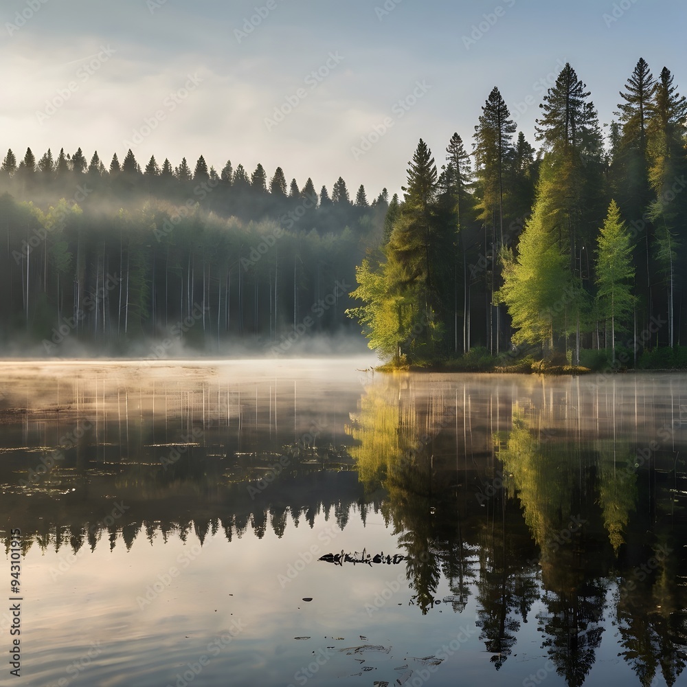 Fototapeta premium A morning in the forest, with a lake and sunrays.