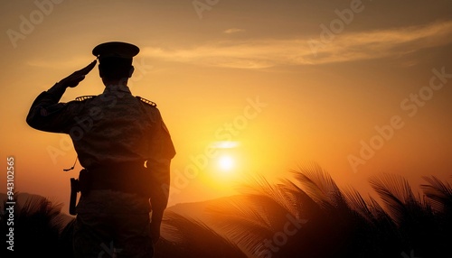 The silhouette of a soldier saluting at sunset, symbolizing respect, military honor, and patriotism against a peaceful evening sky