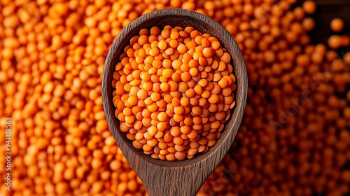 Vivid red lentils in a wooden spoon on a textured background