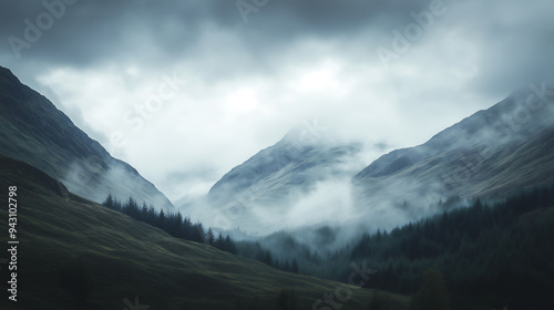 Landscape photography of Scottish mountains, with a foggy and cloudy sky