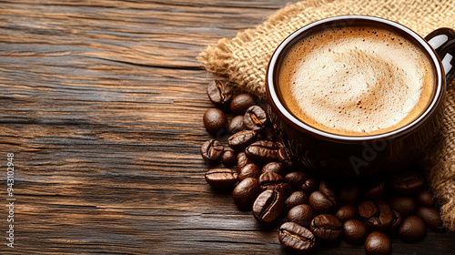 Cup of coffee with crema on wooden table alongside coffee beans and burlap