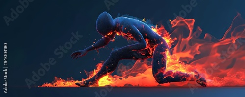 A hooded figure engulfed in flames, running through a fiery landscape. photo