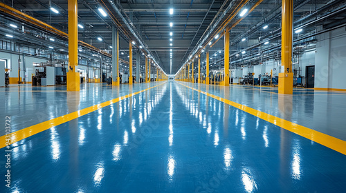 Modern industrial warehouse with polished flooring and bright lighting in a spacious facility
