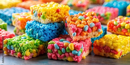 Colorful and crunchy rice krispie treats, a nostalgic childhood favorite snack for an indulgence photo