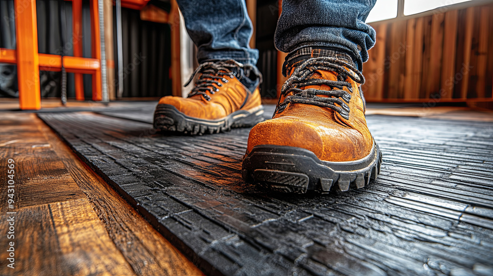 Person wearing sturdy work boots on a textured mat in an industrial workspace during daylight Person wearing sturdy work boots on a textured mat in an industrial workspace during daylight