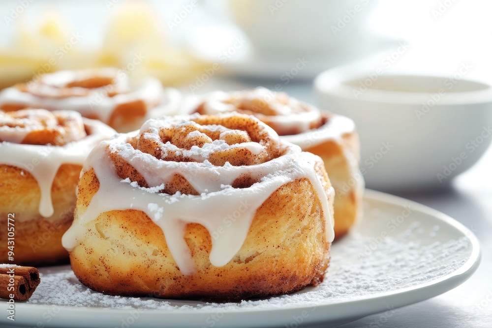 Delicious cinnamon rolls with icing and powdered sugar on a plate Delicious cinnamon rolls with icing and powdered sugar on a plate