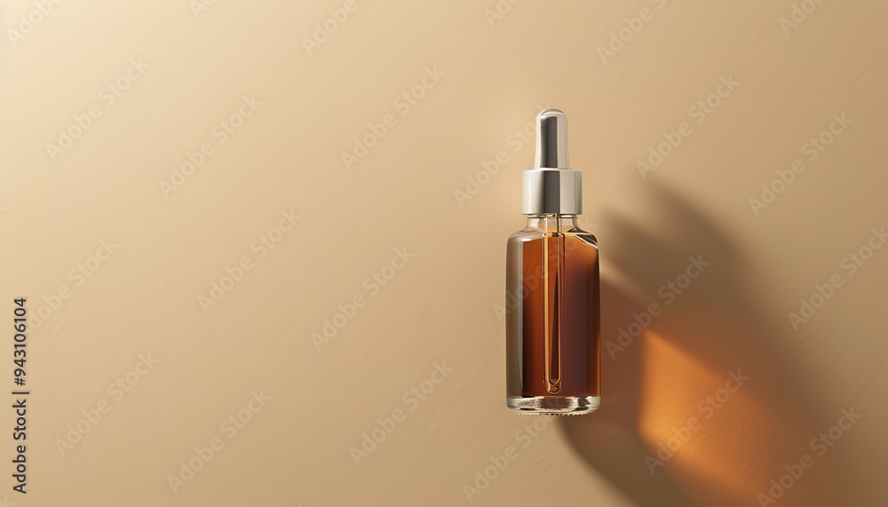 Composition with bottle of cosmetic serum on beige background Composition with bottle of cosmetic serum on beige background