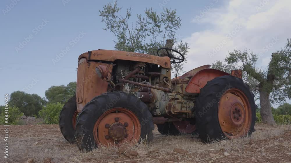 Old abandoned tractor in the countryside, front angle view 4 Old abandoned tractor in the countryside, front angle view 4