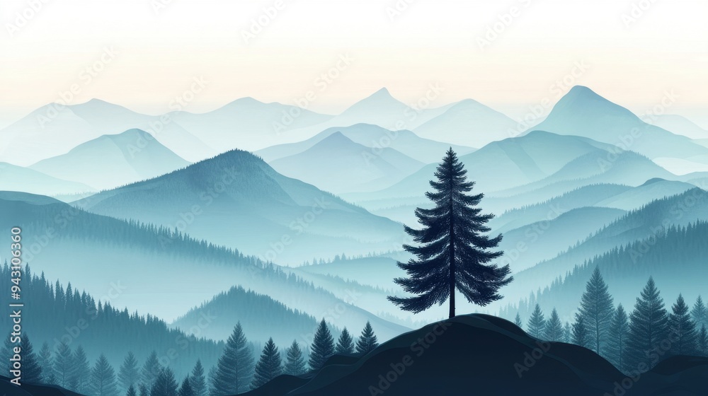 Obraz premium Silent mountains with a tree on top of the mountain Silhouette illustration