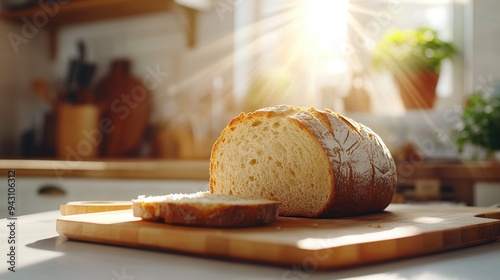Freshly baked artisan bread on a wooden cutting board in a sunlit kitchen.