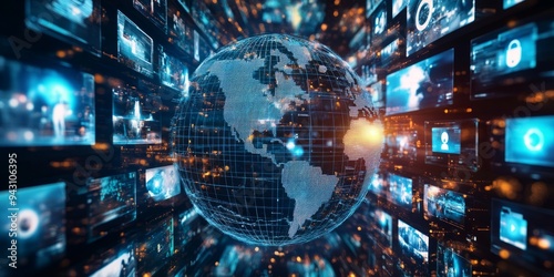 Abstract digital globe with global network connections and images of media content floating around it