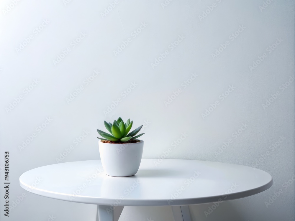 Fototapeta premium photo image of a minimalist white table with a small succulent plant placed in the center, surrounded by clean lines and empty space