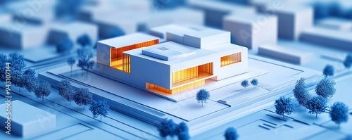 Modern architecture model with trees and blue surroundings.