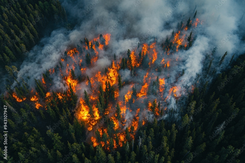 Aerial View of Forest Fire with Dense Smoke and Flames Engulfing Trees Amidst Greenery