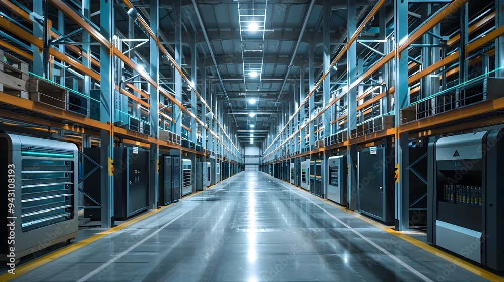 Modern Warehouse Interior with Scanners Tracking Efficient Inventory Management System Modern Warehouse Interior with Scanners Tracking Efficient Inventory Management System