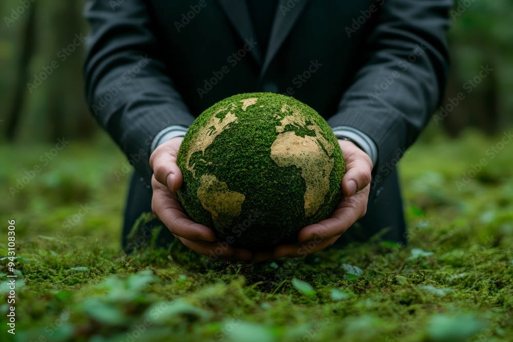 The businessman holds the Earth, symbolizing eco-friendly business and protection of nature The businessman holds the Earth, symbolizing eco-friendly business and protection of nature