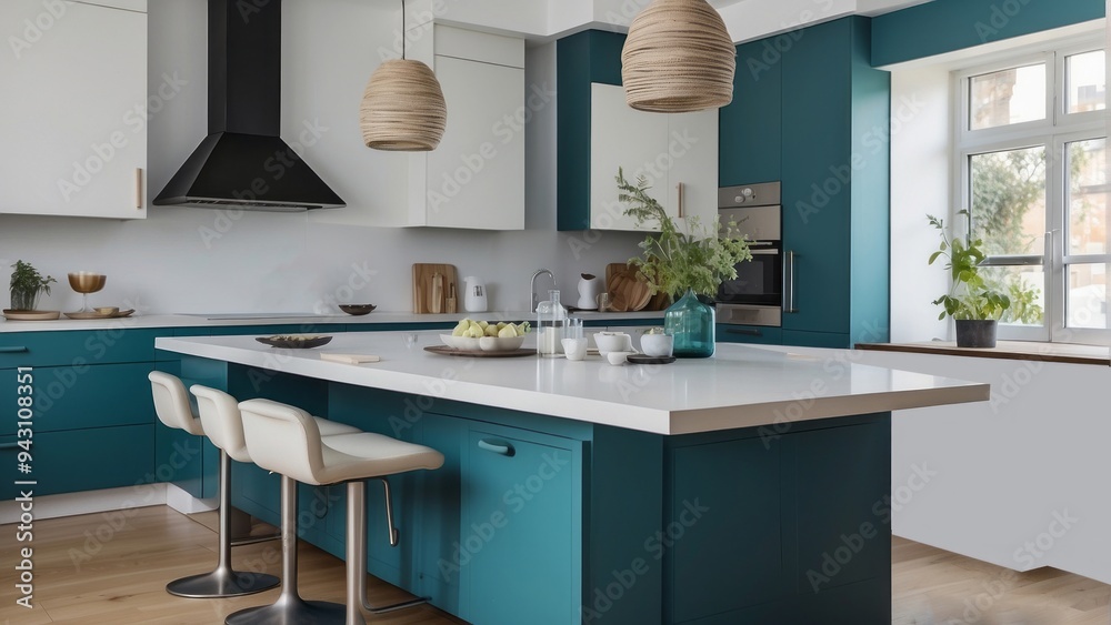 Modern Kitchen Island with Teal Cabinets and White Countertops Modern Kitchen Island with Teal Cabinets and White Countertops