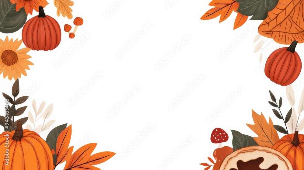 Fototapeta premium A Thanksgiving theme border, featuring pumpkins, sunflowers, colorful leaves, pies, and others. Warm colors, on white background.