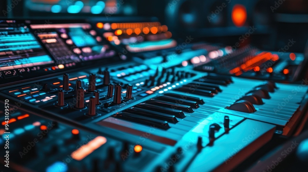 A keyboard with a lot of buttons and knobs A keyboard with a lot of buttons and knobs