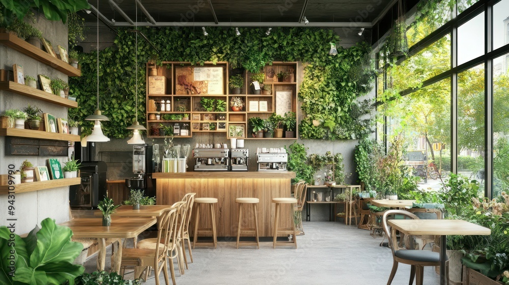 Fototapeta premium A cafe with a green wall and potted plants