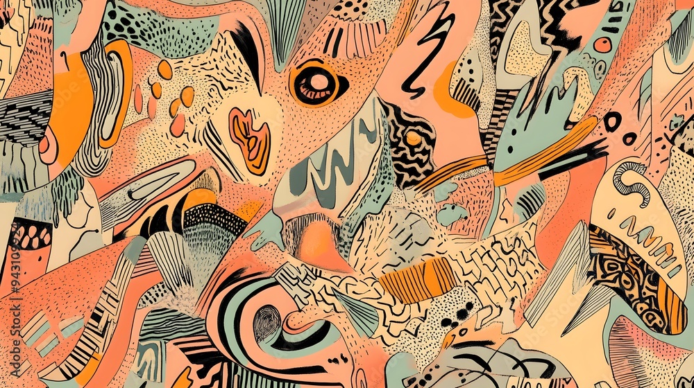 Obraz premium Nostalgic hand-drawn doodles with custom patterns in Peach Fuzz tones layered in a detailed maximalist composition