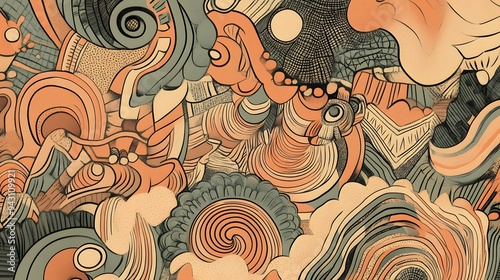 Nostalgic hand-drawn doodles with custom patterns in Peach Fuzz tones layered in a detailed maximalist composition photo