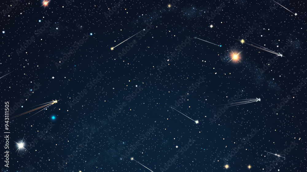 Seamless starry space pattern featuring sky stars in a night galaxy. Vector background depicting the universe with constellations, falling meteorites, comets, and twinkling star lights. Seamless starry space pattern featuring sky stars in a night galaxy. Vector background depicting the universe with constellations, falling meteorites, comets, and twinkling star lights.