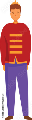 Smiling circus tamer wearing red jacket and golden crown is standing