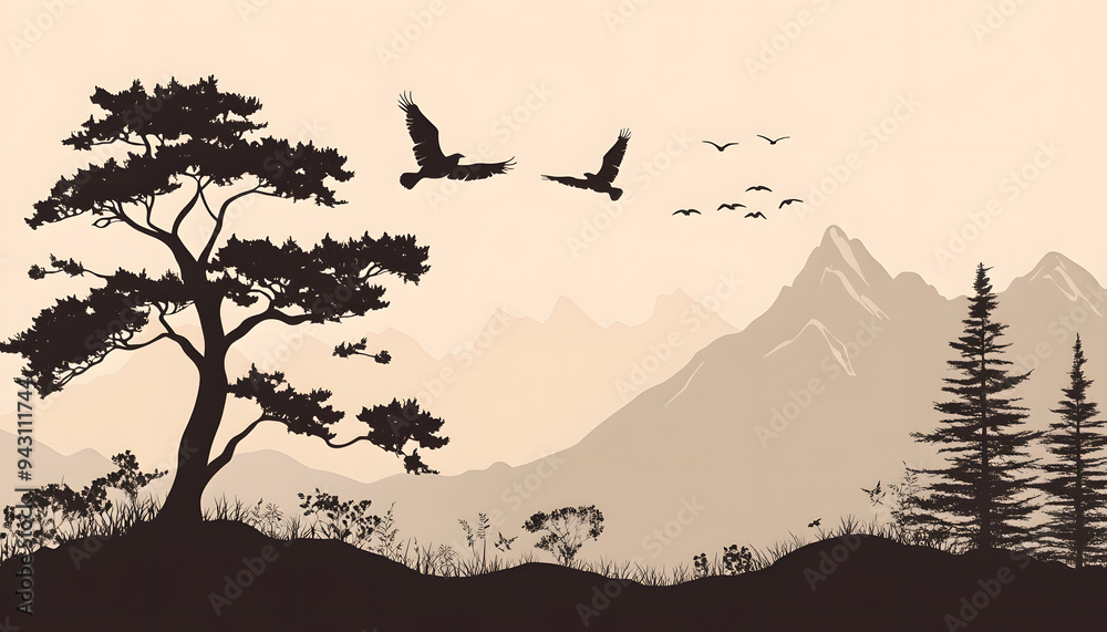 Fototapeta premium Silhouettes of trees, mountains, or birds in a single color against a plain background