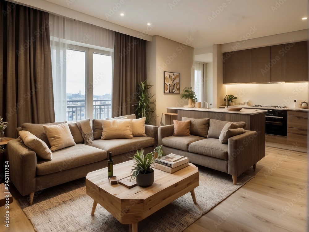 Fototapeta premium Modern Living Room with Brown Couches and Wooden Coffee Table