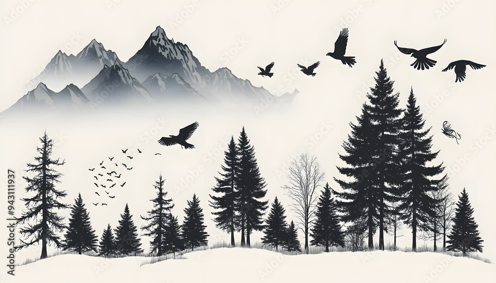 Silhouettes of trees, mountains, or birds in a single color against a plain background Silhouettes of trees, mountains, or birds in a single color against a plain background