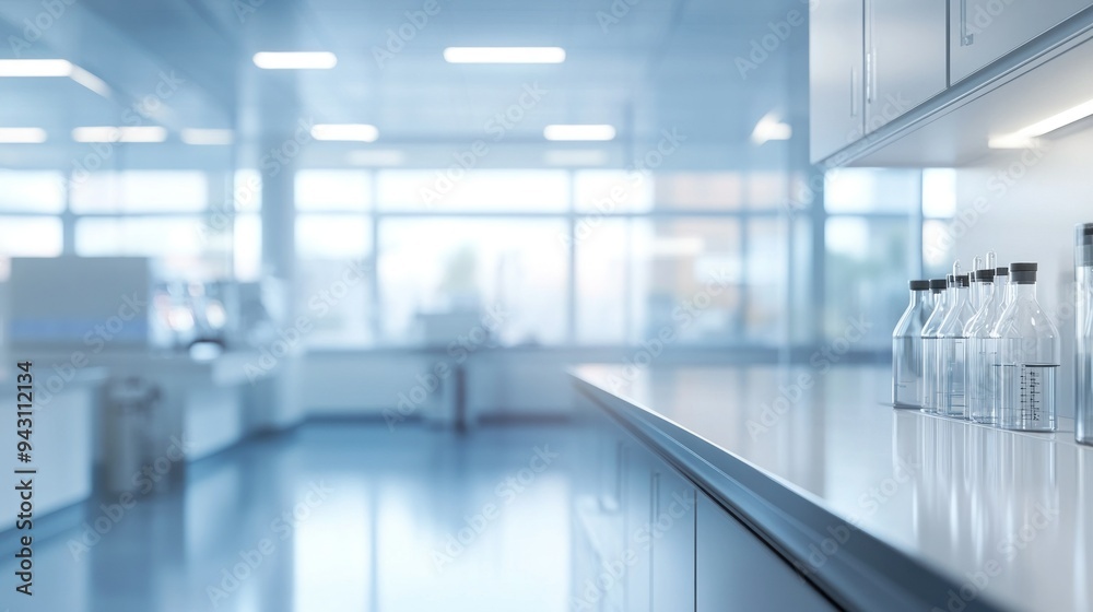 A laboratory with a counter full of vials and bottles A laboratory with a counter full of vials and bottles