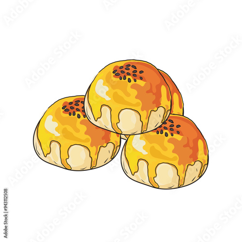 Isolated Taiwanese mooncake, four pice of Traditional mooncakes made with sweetened mung bean and salt egg, wrapped in a delicate, flaky pastry.Asian mid autumn festival food vector.
