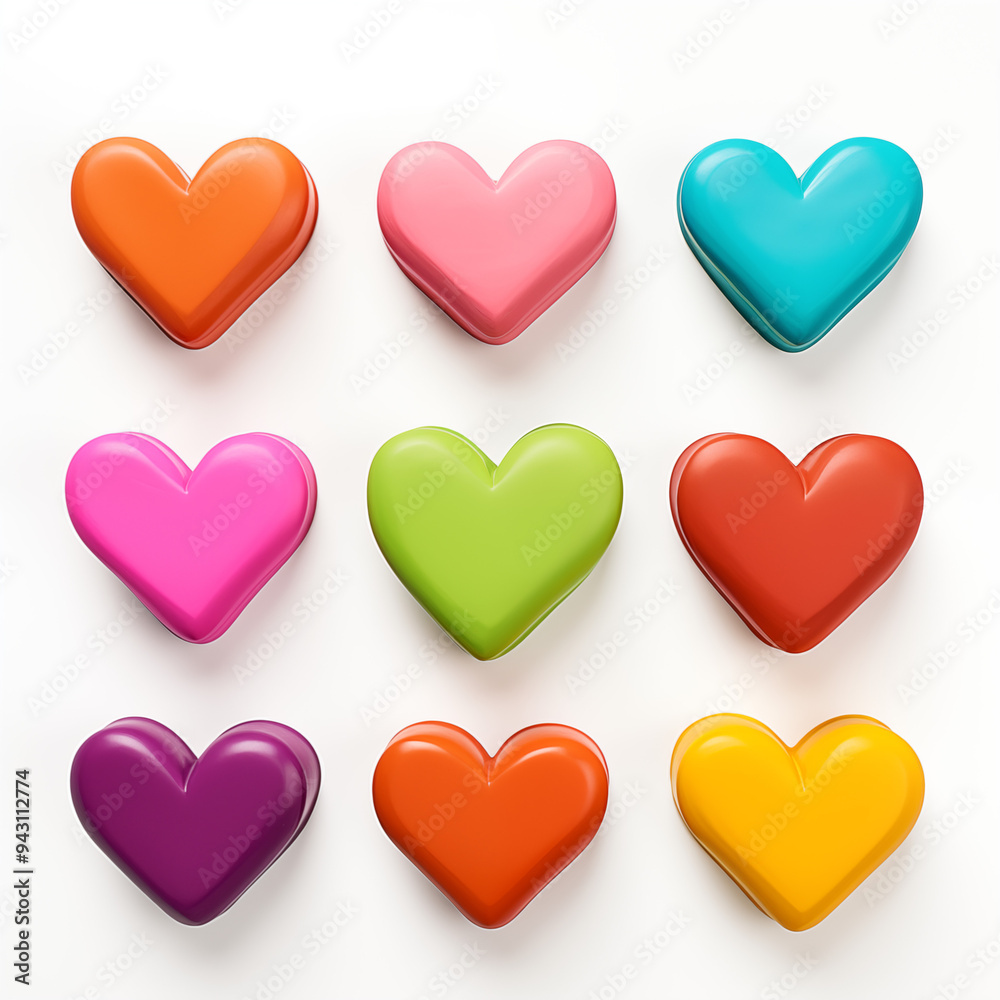 Multicolored 3D Style Heart-Shaped Toys on White Background Multicolored 3D Style Heart-Shaped Toys on White Background