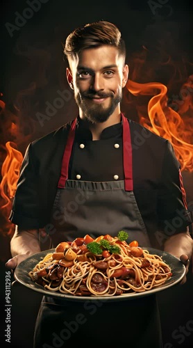 A plate of steaming spaghetti in the hands of a young chef.