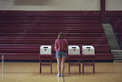 A woman casts her vote at a senior high school gymnasium, where three ballot boxes are placed in front of burgundy bleachers. The image captures the democratic process in a traditional setting, emphas photo