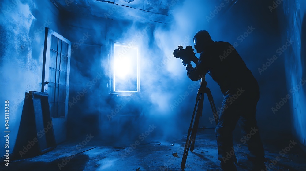 Paranormal Investigator Using Thermal Camera In Haunted Room On 