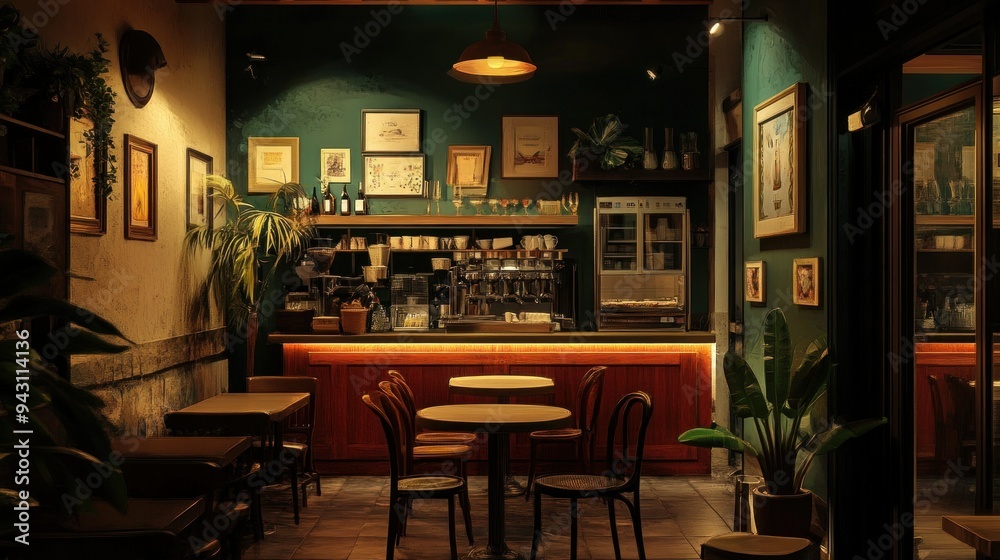 A restaurant with a green wall and a potted plant