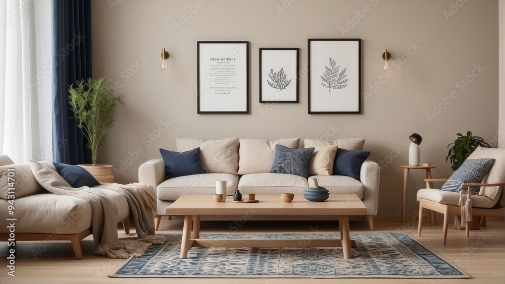 Beige Sofa with Blue Pillows in a Modern Living Room Beige Sofa with Blue Pillows in a Modern Living Room