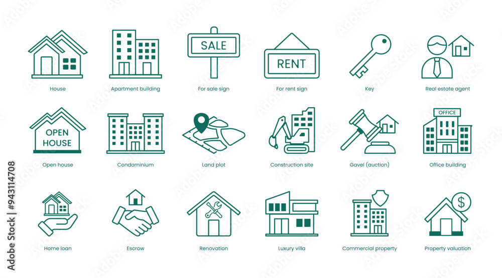 Real Estate Vector Icon Set: House, Apartment Building, For Sale Sign, For Rent Sign, Key, Real Estate Agent, Open House, Condominium, Land Plot, Construction Site, Auction, Office Building Real Estate Vector Icon Set: House, Apartment Building, For Sale Sign, For Rent Sign, Key, Real Estate Agent, Open House, Condominium, Land Plot, Construction Site, Auction, Office Building