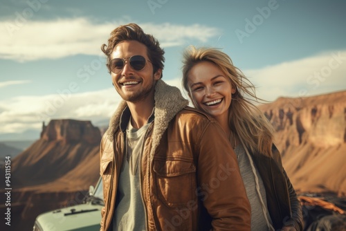 cheerful young couple, wearing casual leather jackets, standing close together outdoors, smiling and enjoying the sunny day, with a scenic desert landscape in the background