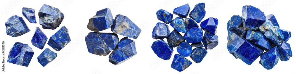 Lapis Lazuli crystals in various shapes, sizes, and cuts, featuring deep blue hues with gold flecks, cut out transparent isolated PNG