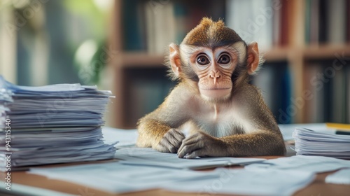 A cute monkey sitting at the table with documents and papers, looking straight into the camera