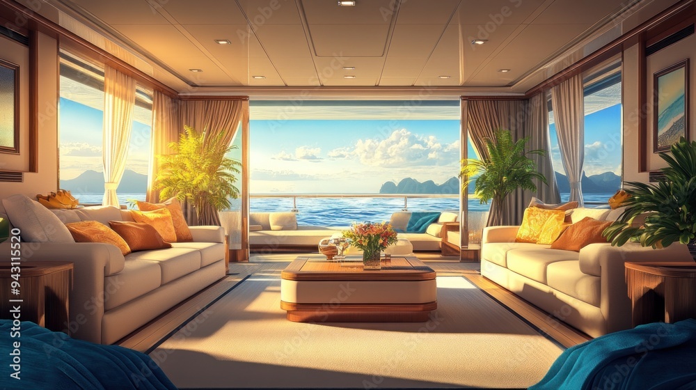 Fototapeta premium A large, open living room with a view of the ocean