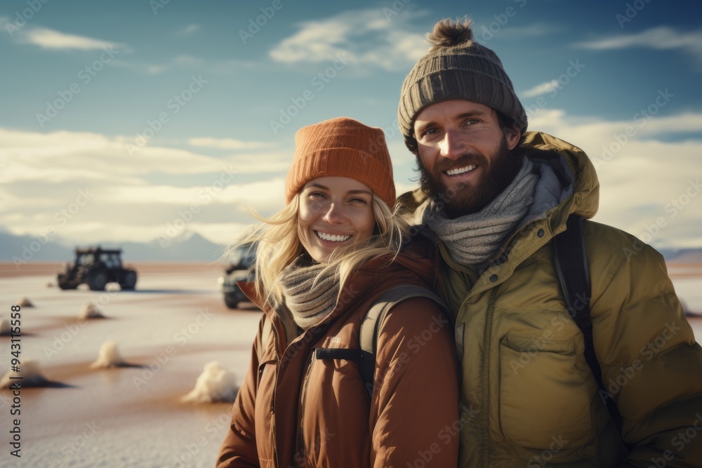 couple dressed warmly in jackets and hats smiles happily against a snowy landscape, with off-road vehicles in the background couple dressed warmly in jackets and hats smiles happily against a snowy landscape, with off-road vehicles in the background