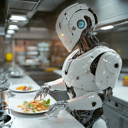 A robotic chef preparing gourmet meals in a high-tech kitchen.