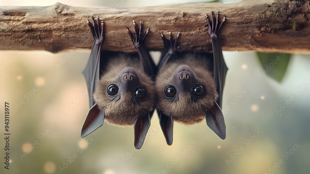 Obraz premium Cute Hanging Bats with Big Eyes and Tiny Fangs in Mysterious Nocturnal Environment